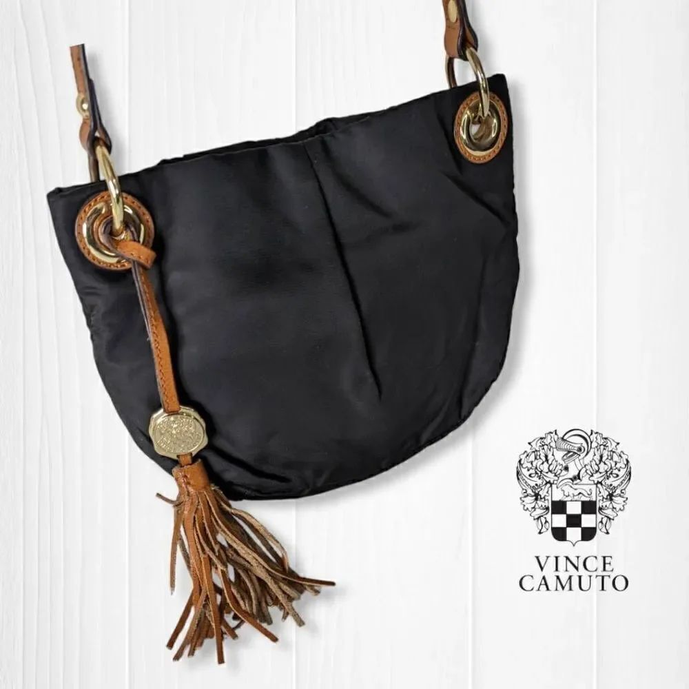 Vince Camuto Womens Sling Bag Adjustable Strap Tasseled Black and Brown